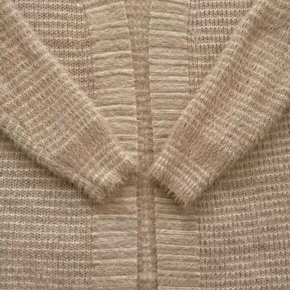 Debut Cardigan Taupe Cream Stripe Open Front Eyelash Soft Cardigan Sweater Small - Picture 9 of 12